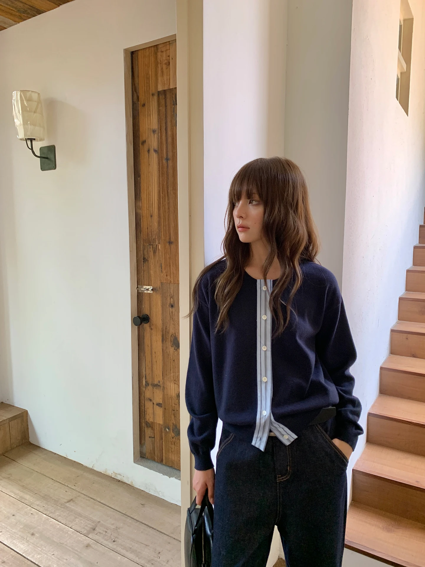 

Faionable Miu полосатый вязаный открытый кардиган Топ с умным лоскутным дизайном шерстяной женский длинный све круглый Ne irt