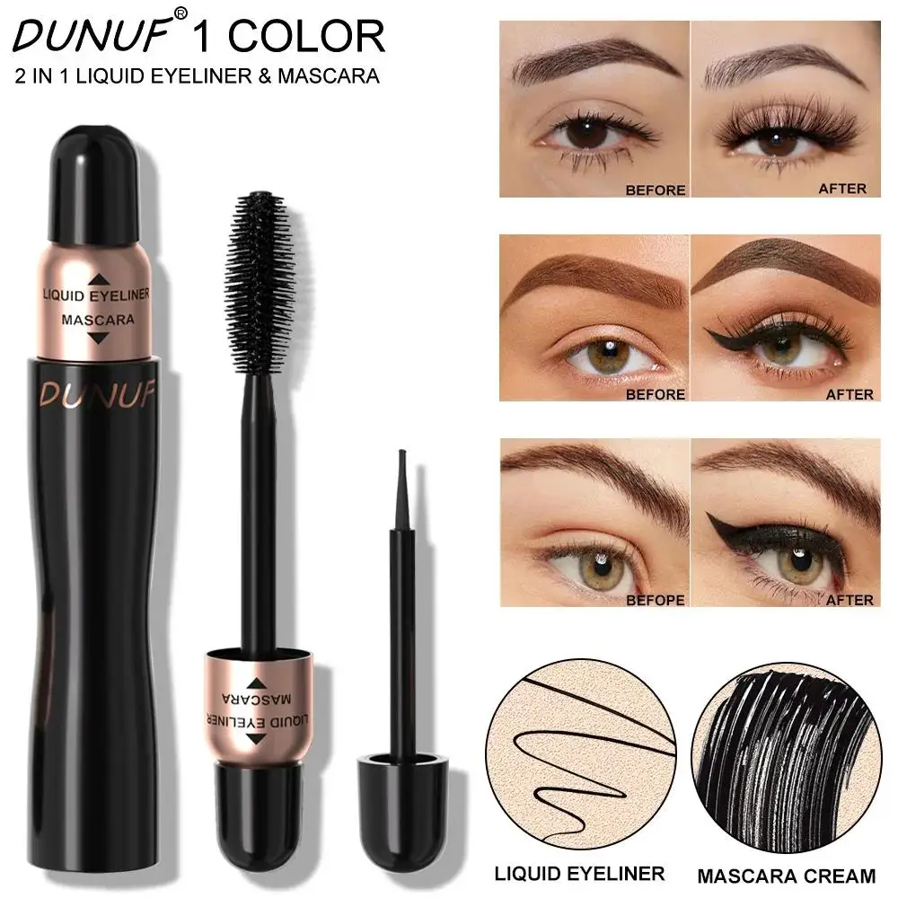 DUNUF Kit de delineador de ojos y máscara doble, sin manchas, alarga el volumen de rizo, resistente al agua, juego de maquillaje de ojos negro
