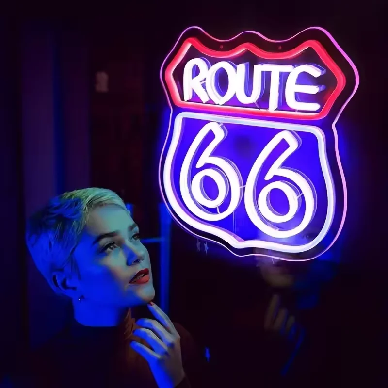 66 Route Led Neon Sign, Used For Wall Decor, Usb Powered, Used For Room, Club, Bar, Game Room, Man Cave Aesthetic Wall Lamp.
