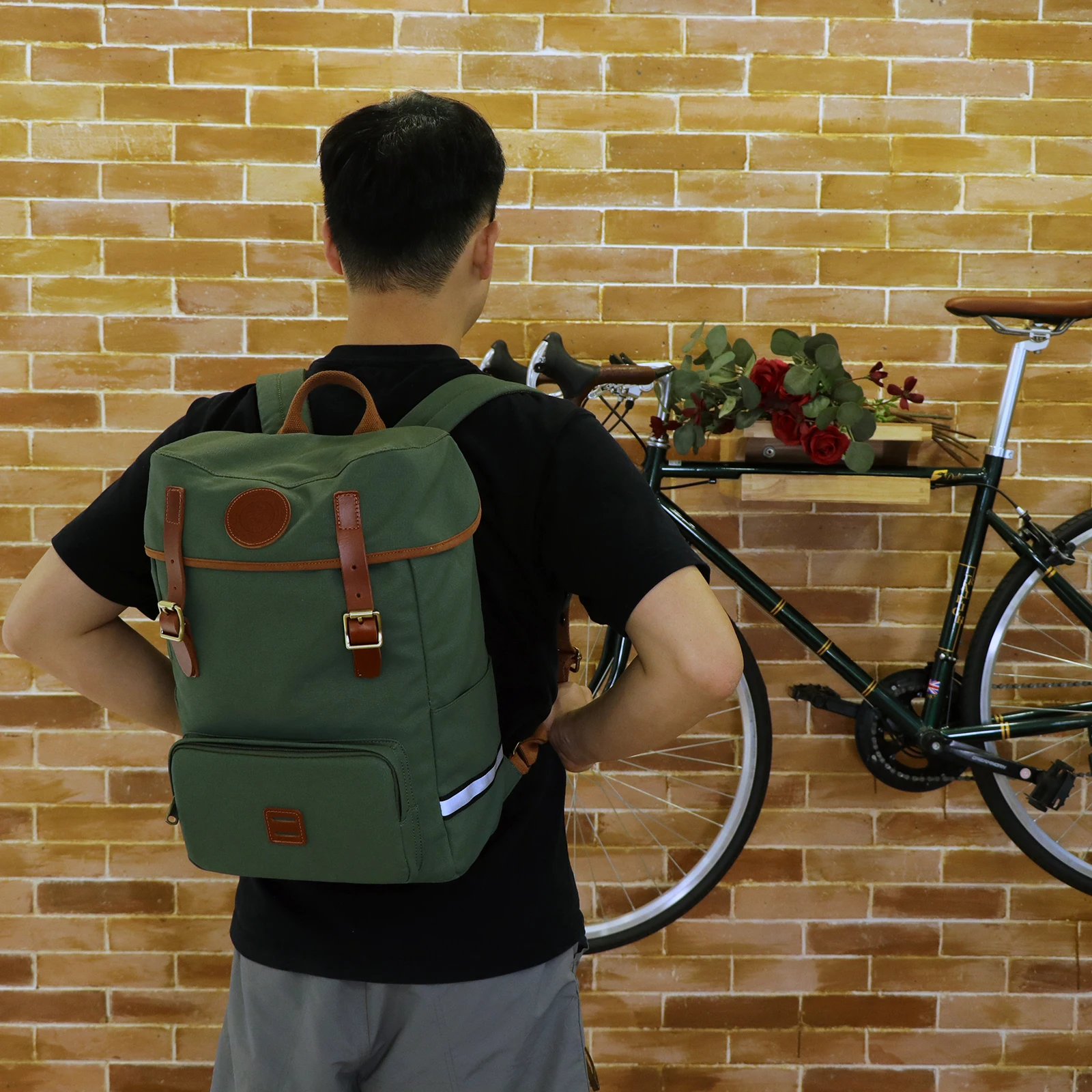 

Tourbon Canvas Bicycle Pannier Bike Seat Bag Shoulder Backpack Leisure Daily School Bag Green Outdoor Cycling Women Men