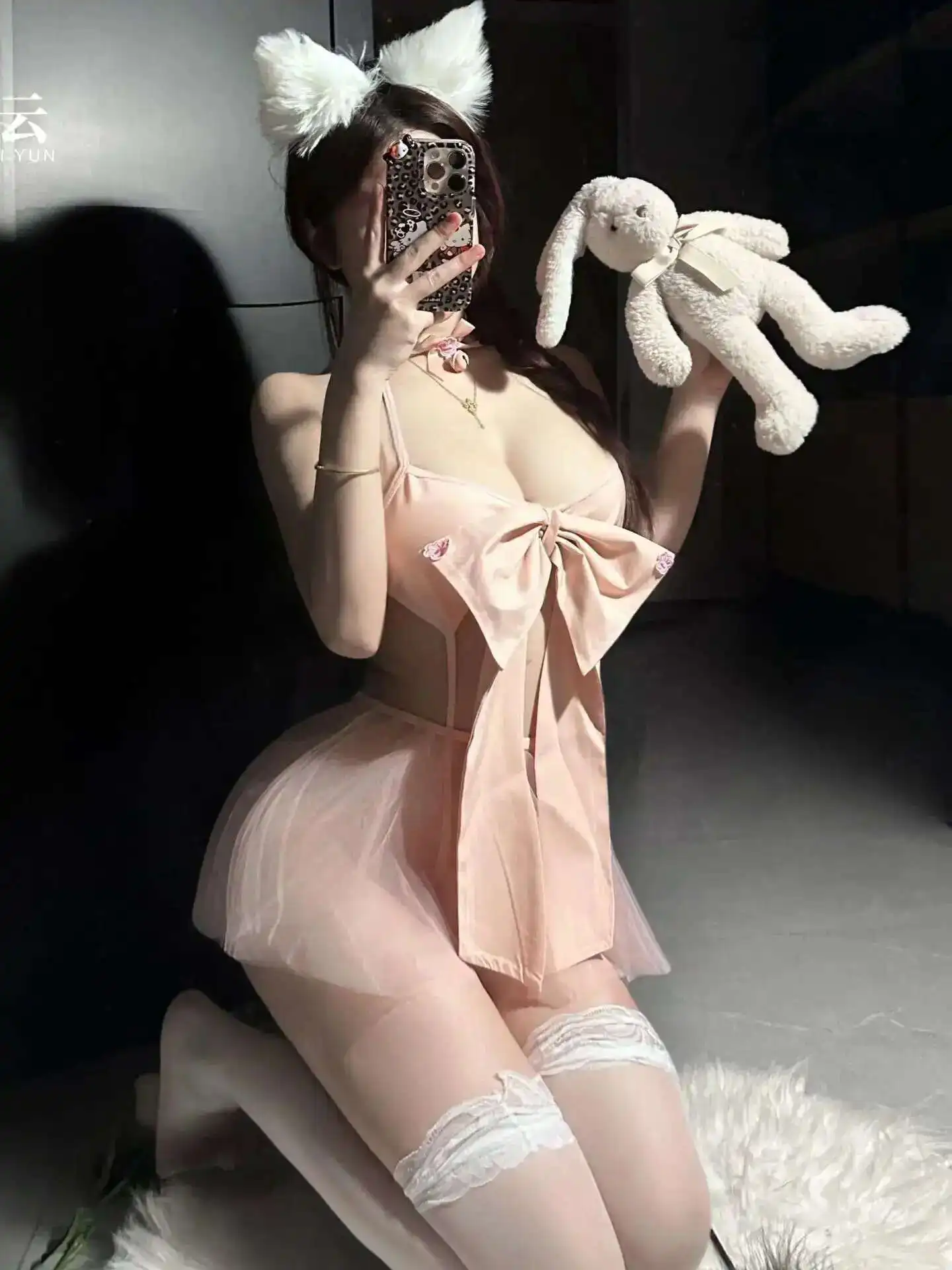 메쉬 쉬어 달콤한 접합 매력 쾌활한 패션 여성 한국어 미니 드레스 우아한 속옷 핑크 보우 순수한 욕망 유혹 1K6L