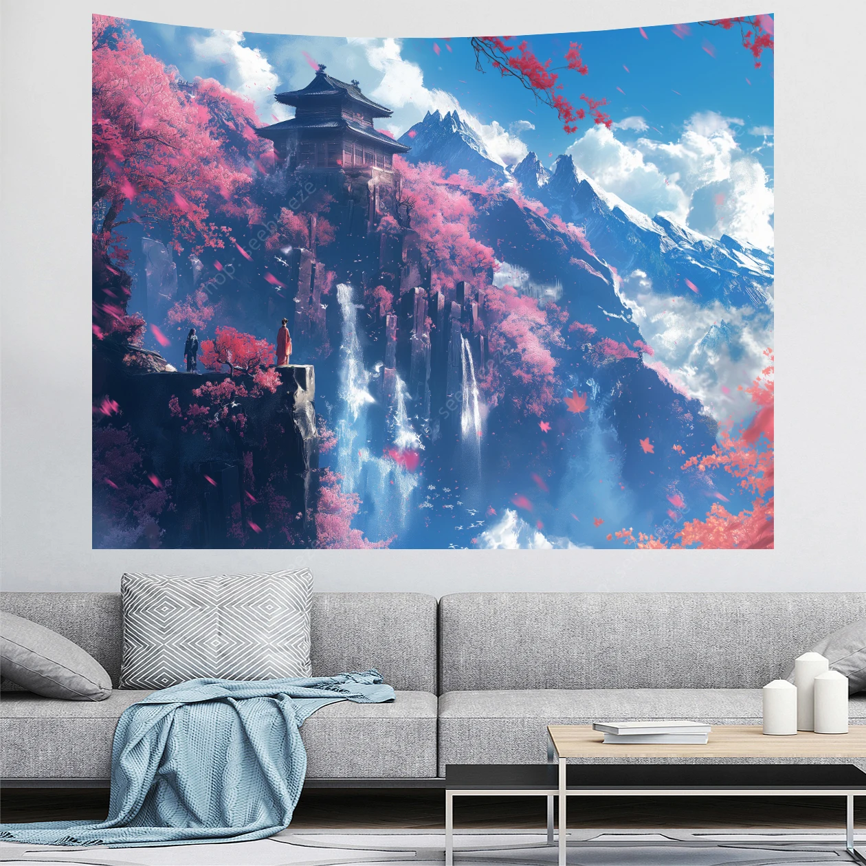 Japanese Mountain Tapestry Cherry Blossom Sakura Trees Tapestries Tsuruga Castle Temple Mount Japan Landmark Wall Art Home Decor