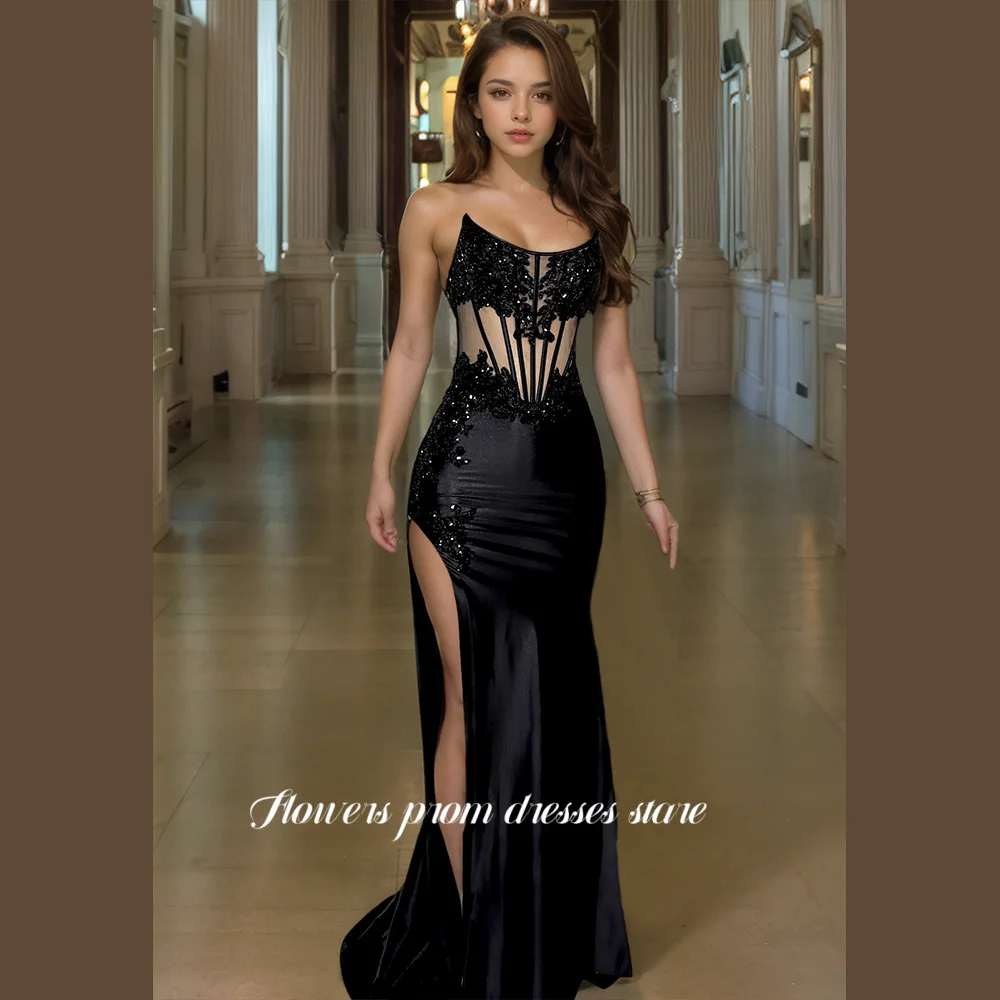 

Flowers Prom Dress 2025 Lace Embroidery Evening Dress Side Split فستان سهرة Strapless Satin Party Dresses Customized