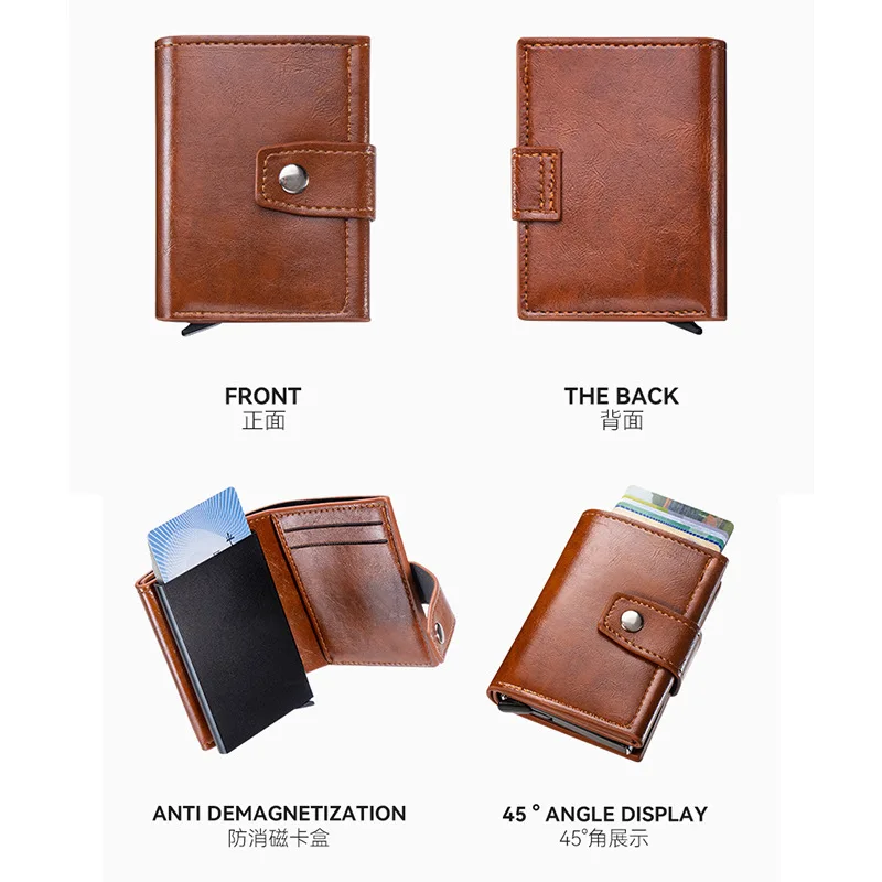 Men and women card box anti-demagnetization theft brush metal automatic pop-up multi-function large capacity wallet