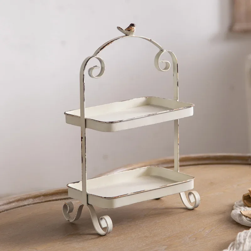 Metal White Double Height Tray with Retro Bird Finale, Cake Stand, Kitchen Storage Accessories