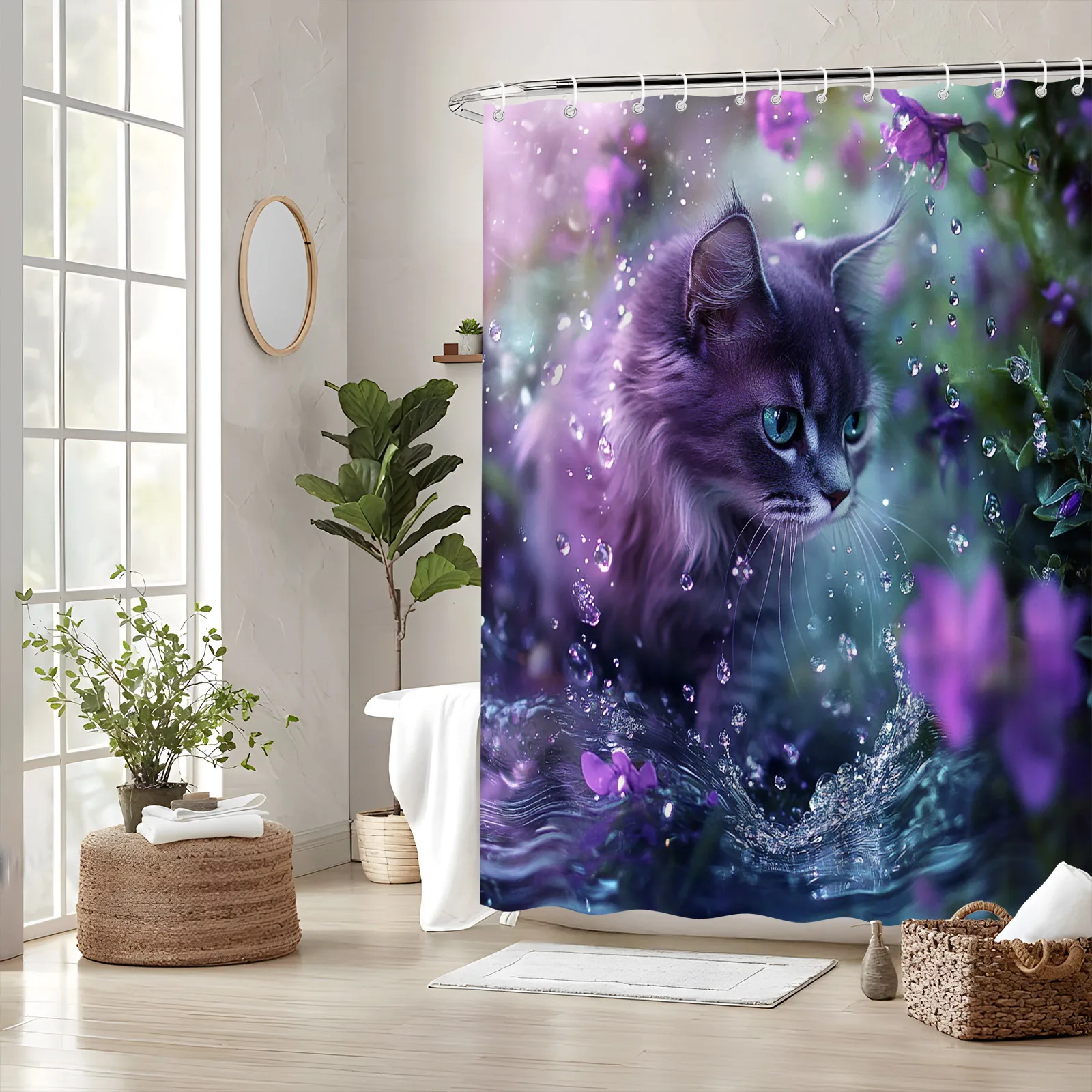 

Занавеска для душа Magical Garden Cat — фиолетовые цветы, туманные голубые глаза, 70,8x70,8 дюйма, 12 крючков, моющийся полиэстер в машине, декор для ванны