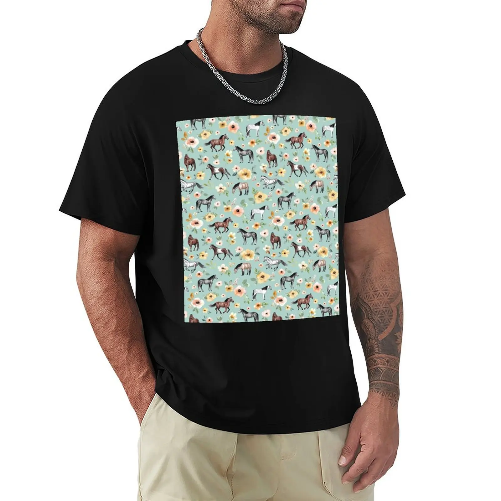 

Horses with Flowers, Sunrise Floral, Blue, Horse Decor, T-Shirt Lightweight Casual Summer T-Shirt