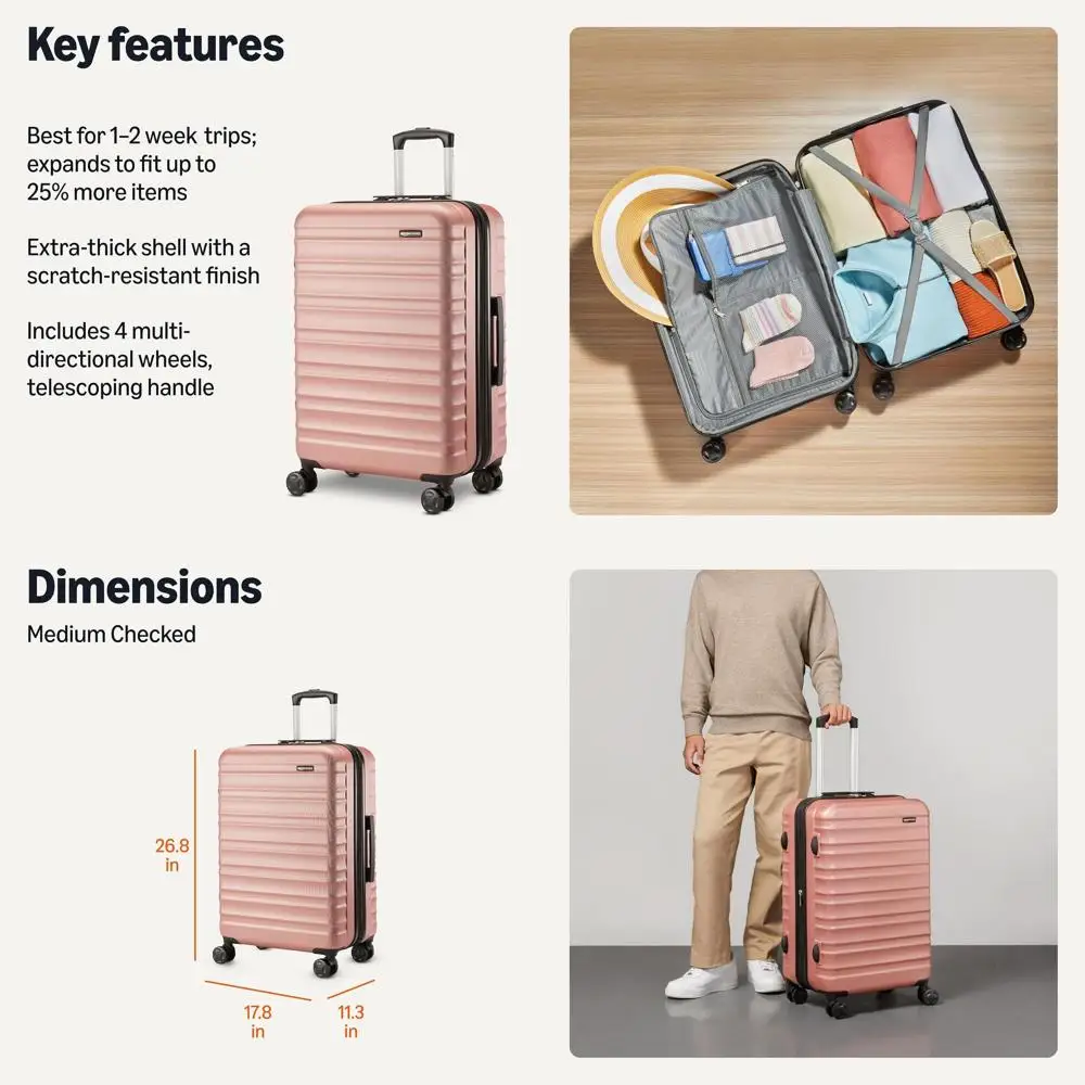 

Rose Gold 26 Expandable Hardshell Luggage with 15% Extra Space, Scratch-Resistant, 4-Wheel Spinner