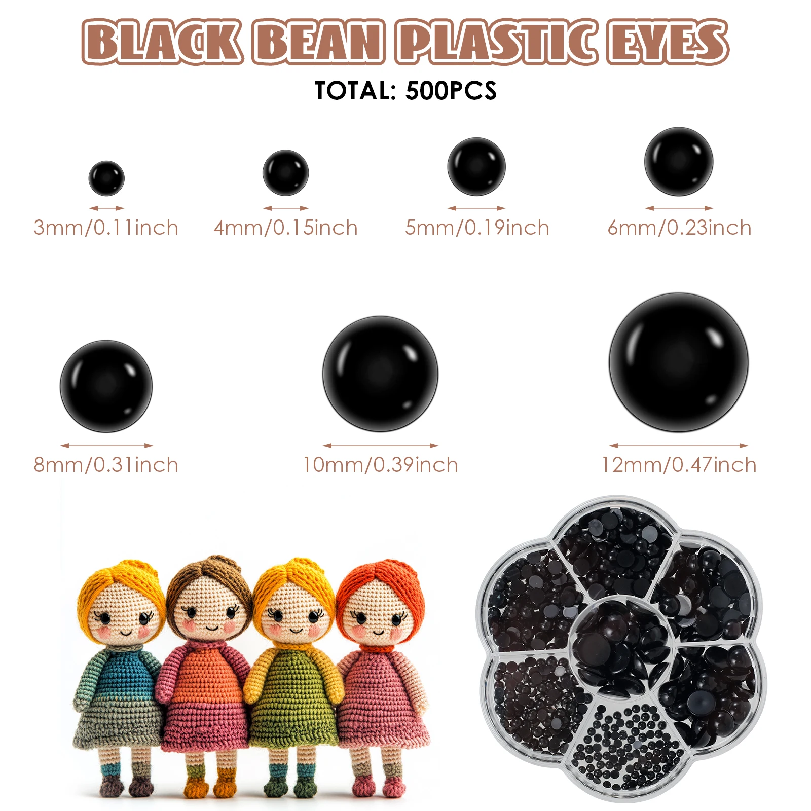 500개 검정 플라스틱 인형 눈알 3-12mm 구슬, 봉제인형, 코바늘 곰, 공예용, 봉제완구용 곰 눈알