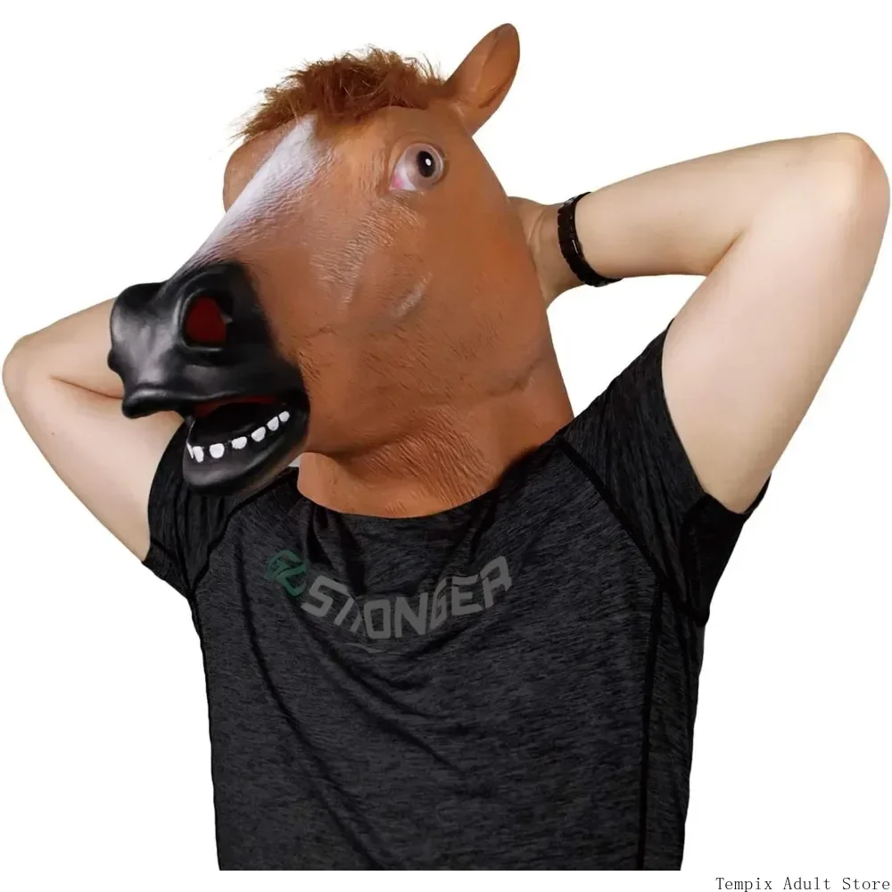 Animal Latex Mask Horse Head Mask for Adult Brown Horse Head Novelty Halloween Costume for Masquerade Party Fun Carnival Cosplay