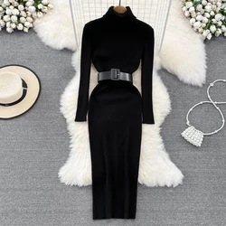 REALEFT Autumn Winter 2024 New Turtleneck Women's Knitted Dresses with Belted Long Sleeve Elegant Bodycon Wrap Dress Female