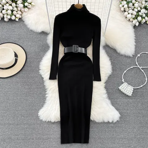 REALEFT Autumn Winter 2025 New Turtleneck Women's Knitted Dresses with Belted Long Sleeve Elegant Bodycon Wrap Dress Female