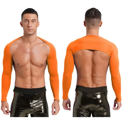 Men Open Front Half Crop Top Solid Long Sleeve Cardigan Bolero Shrug Tops Muscle Arm Sleeves Workout Sports Gym Tops Clubwear - Image 18