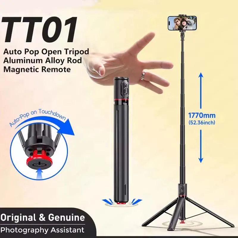 1770Mm TT01 Tripod Auto Pop Open Stand Bounce Selfie Stick Phone Holder dengan Remote Control Magnetik untuk Perekaman Video Vlog
