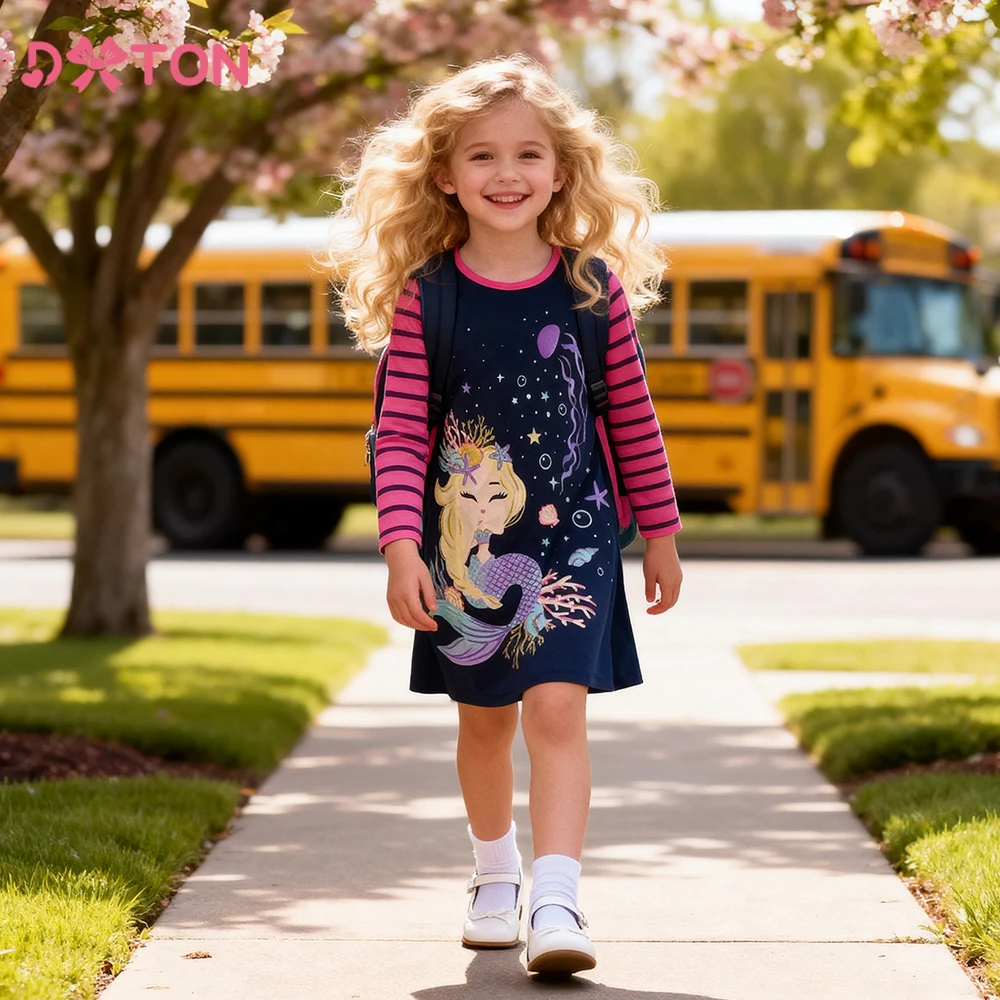 DXTON Kinderkleider Meerjungfrau Prinzessin Kinder Mädchen Kleid A-Linie Casual Kinder Schulkleidung Gestreift Baby Kleinkind Baumwolle Vestidos