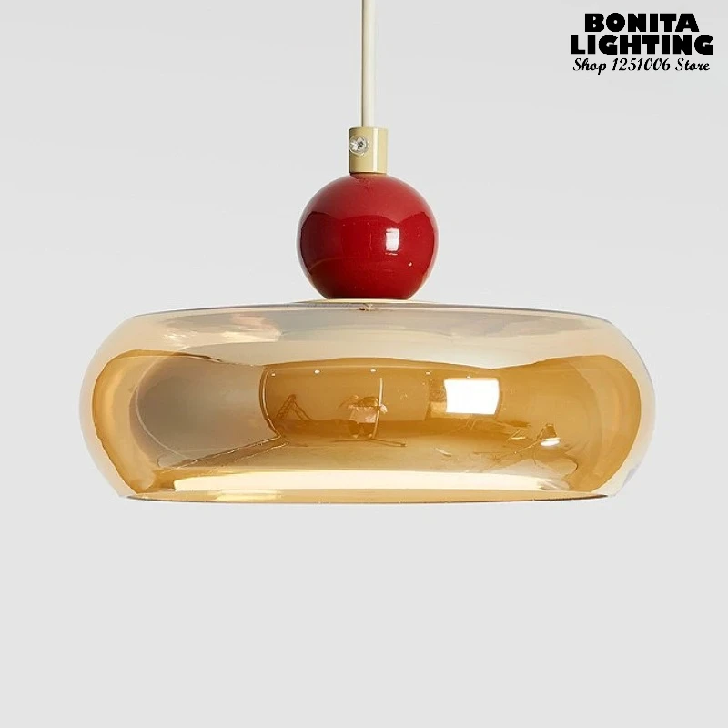 

French Style Mini Pendant Light, Cognac Glass & Cream Metal Double Layer, Red Ball Accent - Bedroom, Entryway LED Lighting