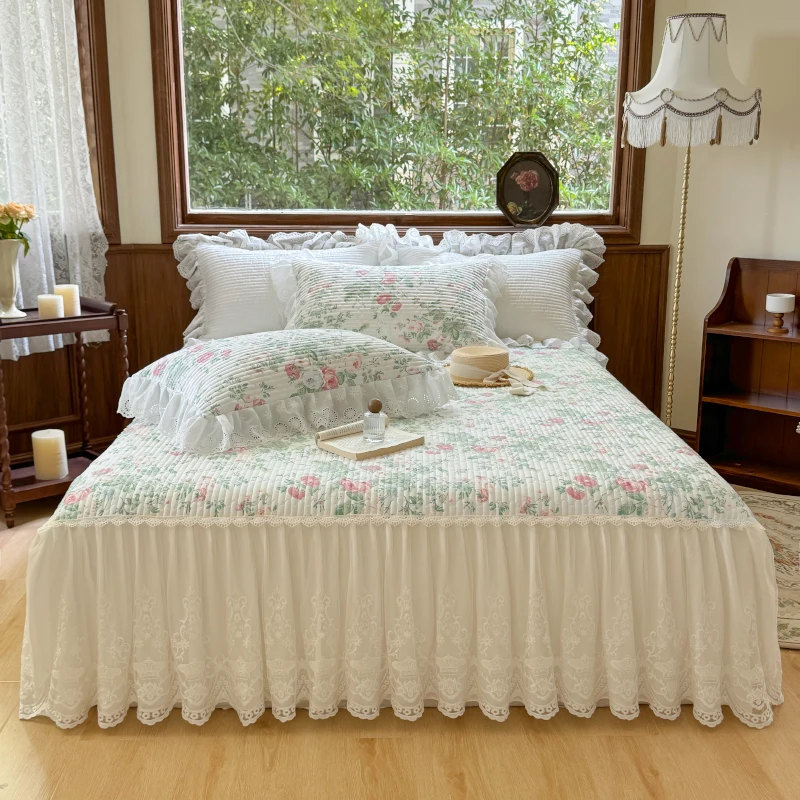 3Pcs Lace Ruffles Quilted Bed Skirt, Mattress Cover, Bedspread, Bed Sheet, With Pillowcases, Suitable for 1.2M/1.5/1.8/2M Bed