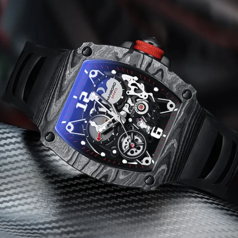 

HANBORO Men Automatic Watch 50mm Tonneau Mechanical Wristwatch Luminous Carbon Fiber Skeleton Dial