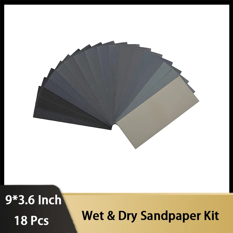 9 × 3.6 Inch Wet and Dry Sandpaper Kit 18 Pcs Assorted 120-3000 Grit for Metal Wood Furniture Automotive Plastic and Glass