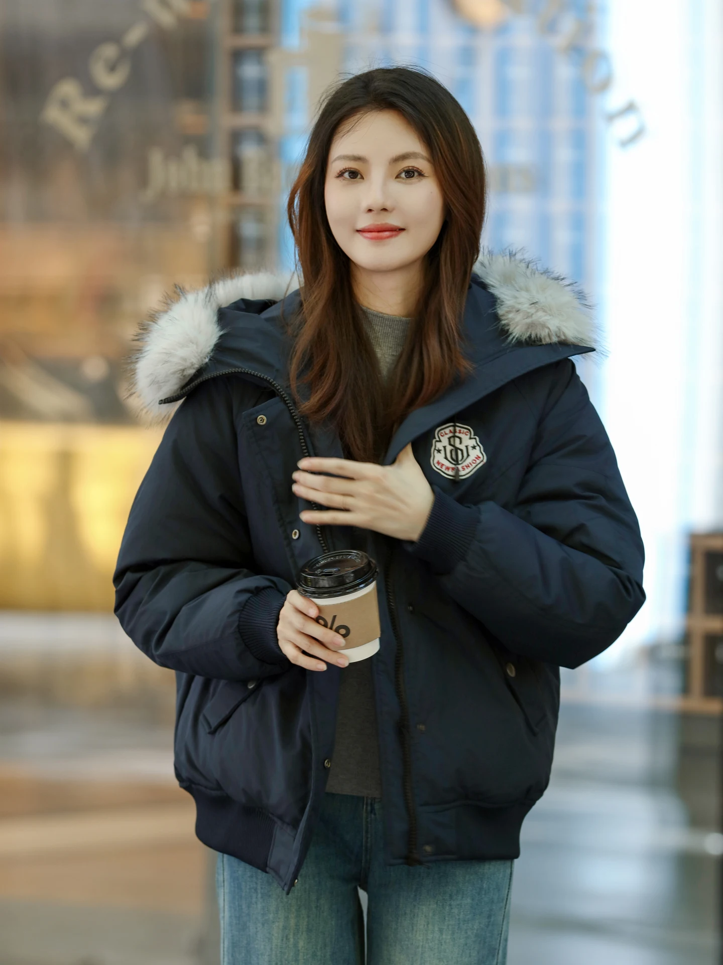 Loose Fit Thiened Blue down Jaet Women's Korean Sle Winter Coat with Large Fur Collar Warm Cotton Quilted Outerwear