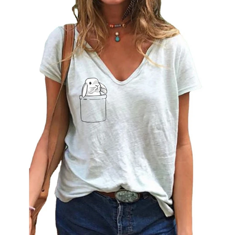 تي شيرت نسائي صيفي 2023 بأكمام قصيرة وياقة على شكل V مع طباعة، أسلوب عصري مريح وقابل للتنفس