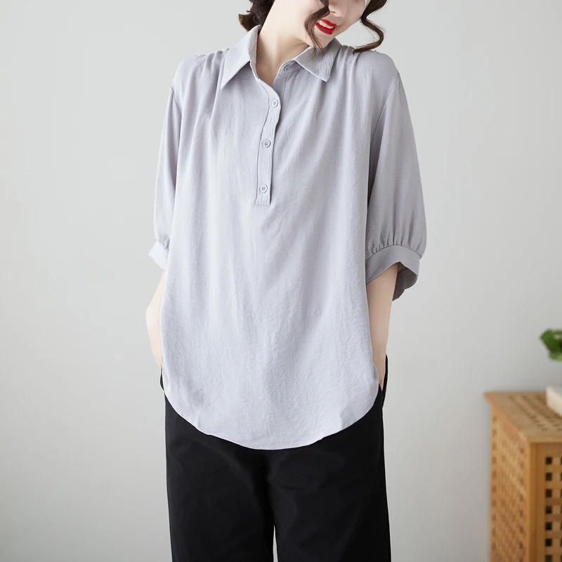 

Folded Design Loose Comfortable ort Sve irt Women's Faion Casual Cotton Polyester Blend Summer Top Button up