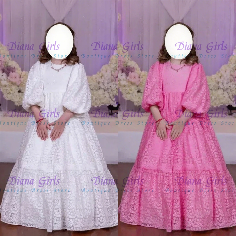 

Quality Communion Gowns Elegant Milk Lace Fluffy Flower Girl Dress for Wedding Ball Dresses Kids Birthday Baptism Evening Gowns