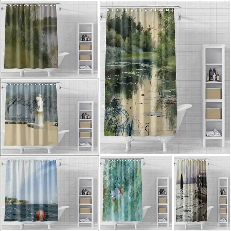 

Shower curtain non perforated waterproof cloth oil painting scenery hanging curtain dry wet separation partition curtain