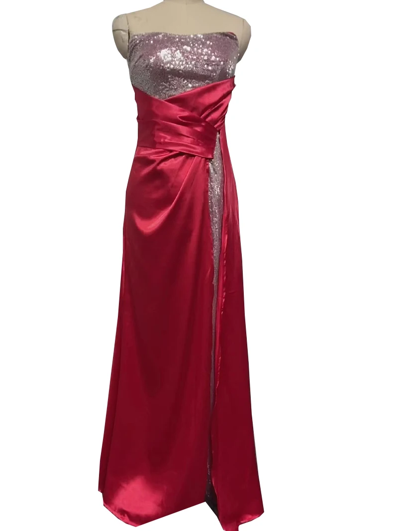 Luxo vermelho cetim vestidos de noite das mulheres sexy tubo lantejoulas dama de honra vestido de baile retalhos vestido formal plus size robe de soiree