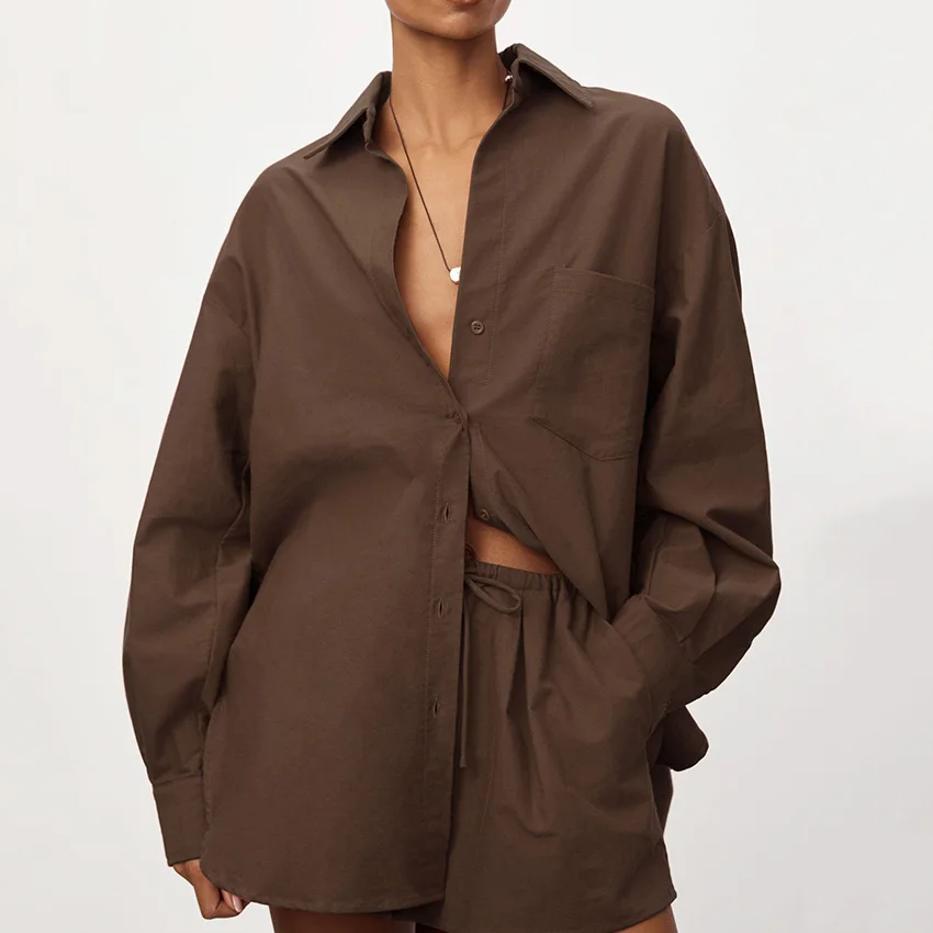 Linad مكتب سيدة التلبيب قمصان الدعاوى مع شورت عالي الخصر 2 قطعة مجموعات النساء الشارع شيك براون الحد الأدنى وتتسابق 2025