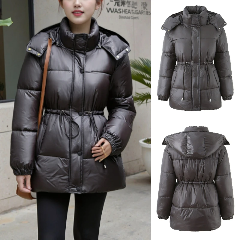 

2025 Fall/Winter New Fashionable Elegant Advanced Dark Gray European and American Mid-Long Hooded Zipper Drawstring Warm Cotton