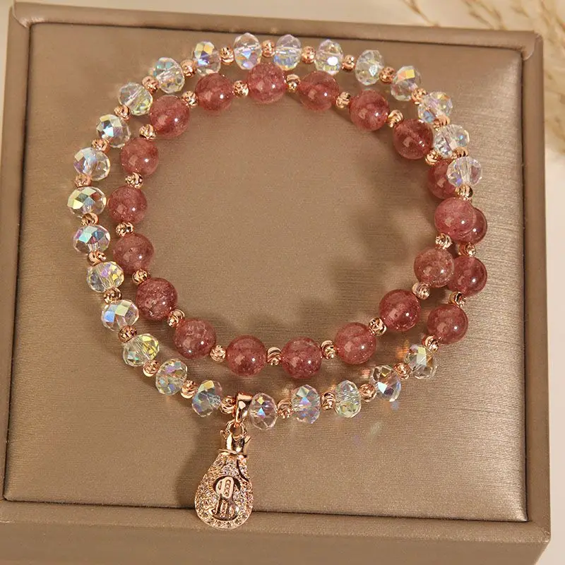 

Original Niche Design Strawberry Quartz Bracelet Multi-Layer Pink Crystal Purse Pendant Bracelet for Girlfriend Girlfriend Gifts