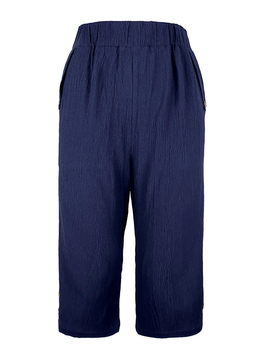 Damen Sommer Casual Caprihose mit Elastischem Bund, Einfarbig, Locker Geschnitten, Wadenlänge, mit Taschen und Knopfdetail, Basis-Hose – Detail 8
