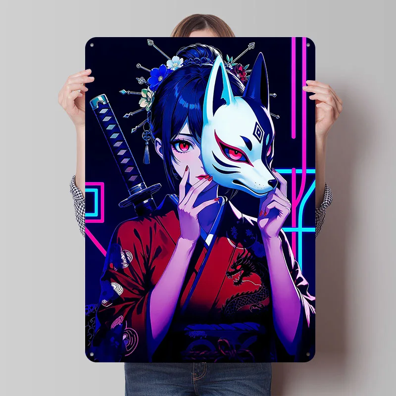 Anime-Mädchen mit Kitsune-Maske Metallposter, Individuelle Wandkunst, Retro Vintage Blechschilder für Männerhöhle, Garagendekoration, Gaming