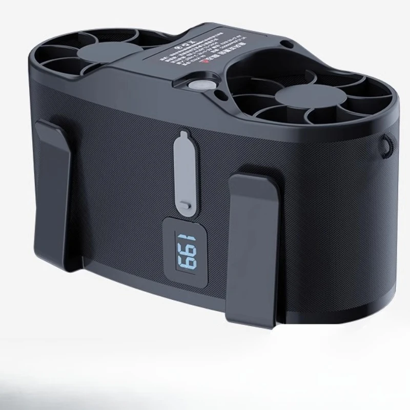 Taillierter Lüfter, wiederaufladbarer USB-Doppel-Turbo-Außenventilator mit Sice-Air-Tech für die Baustelle/Sommer. Hängender Taillenventilator