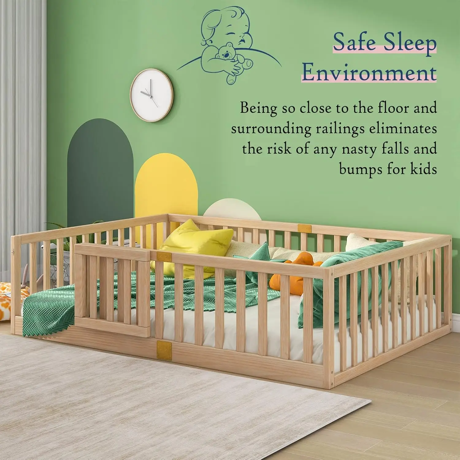 Letto da pavimento completo Tatub con guide di sicurezza e porta, letto da pavimento Montessori per bambini, struttura per letti da pavimento per bambini in legno, lattina per porta