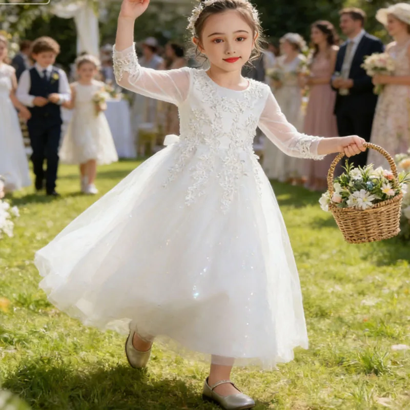 Elegant Dress For Girls White Flower Princess Party Gown Wedding Bridesmaid Formal Evening 10 12 Vestidos First Communion Gown - view 2