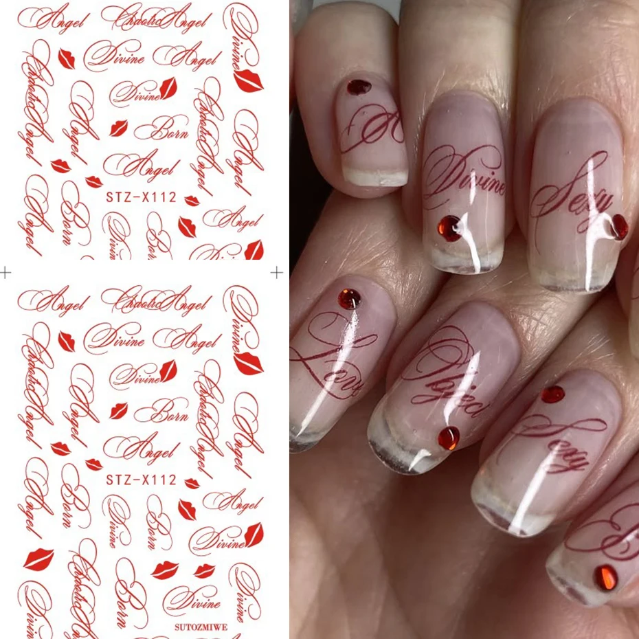 2 Stück rote englische Buchstaben-Nagelaufkleber im Y2K-Stil mit Lippen-Nagelsticker, DIY-Nagelkunst-Dekoration für Frauen – Detail 4