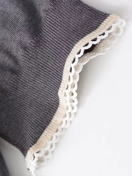 

HH Autumn Woman Chic Turn-down Collar Short Sleeves Pullover Sweater Woman Solid 3-color Lace Decoration Knitted Short Top