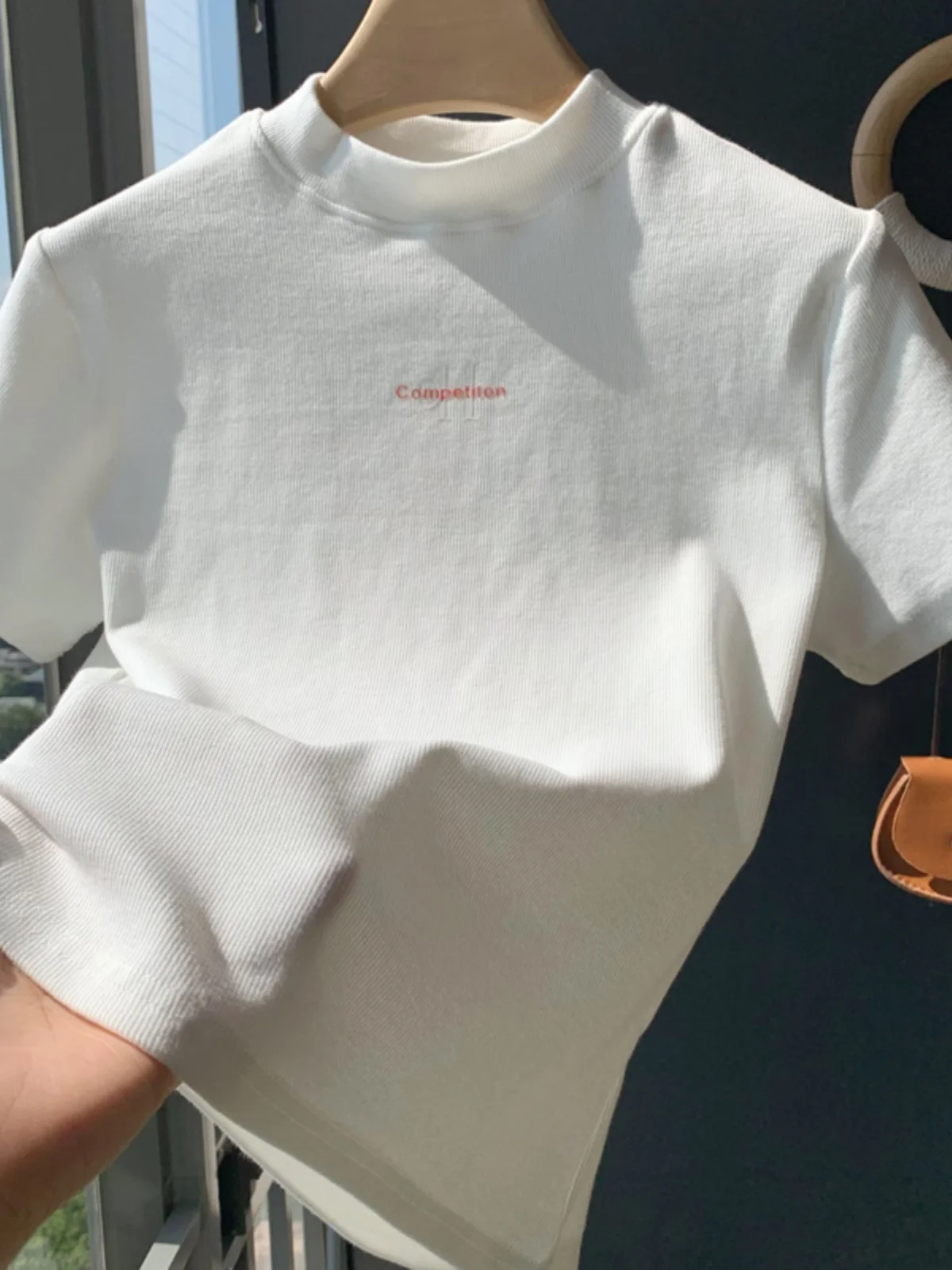 White Slim Fit ort Sve T-irt Women's Summer New Sle Printed Commute Sle Korean Version Cotton Polyester Blend