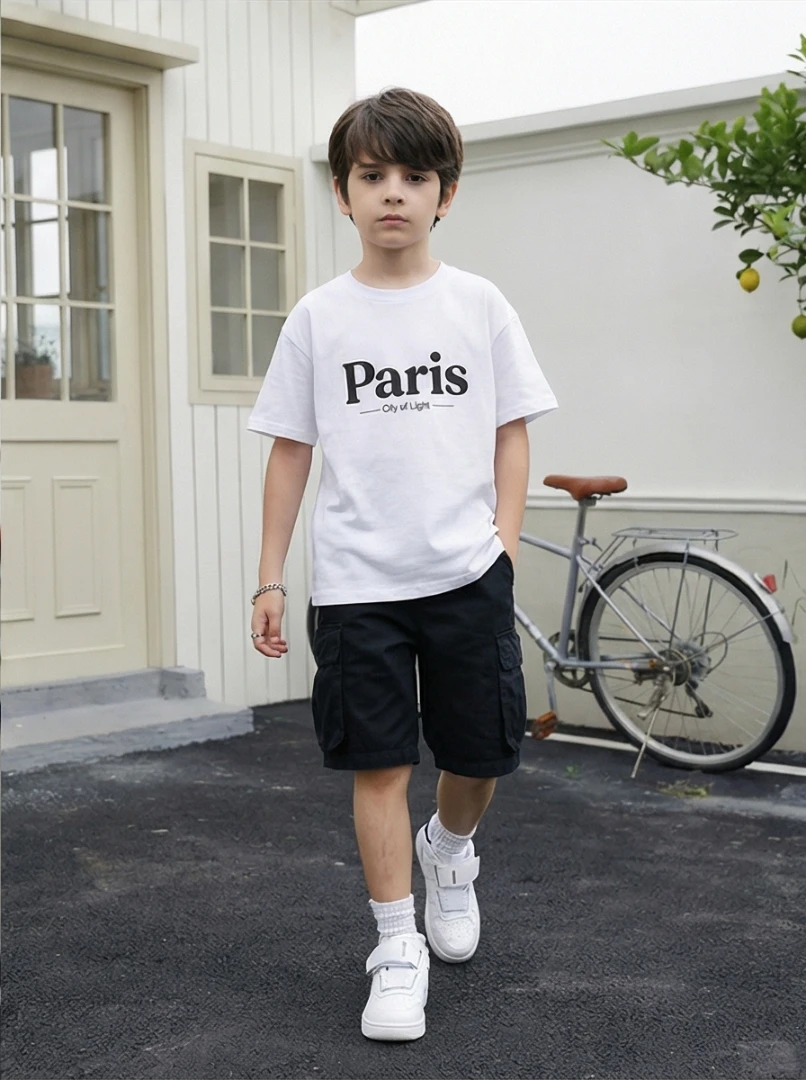 Boys 100% Cotton T-Shirt, Letter Print Paris Kids Tee, Casual Summer Tops, Soft Breathable Children Daily Wear BL1