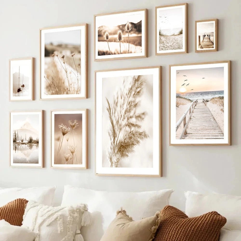 Natural Landscape Canvas Poster Beige Reed Print Pictures Dried Grass Wall Art Bridge Painting Nordic Posters Living Room Decor