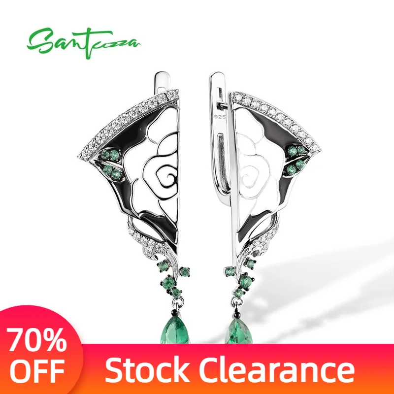 

SANTUZZA 925 Sterling Silver Earrings For Women White CZ Green Spinel Peony Enamel Asymmetric Oriental Fine Jewelry Handmade