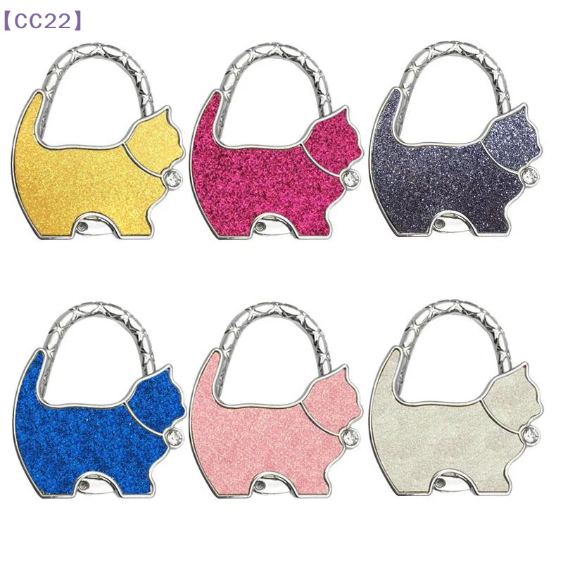 Glitter Cute Cat Shaped Foldable Purse Hook With Rhinestone Portable Metal Bag Holder For Office Restaurant Table Bag Hanger{C} view 4