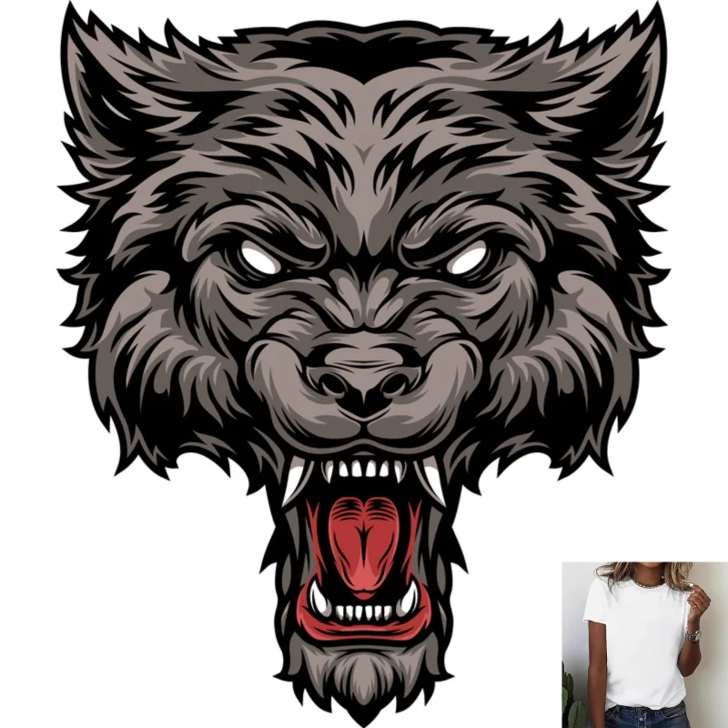 Cool Wolf Head Heat Transfer White Ink Iron - on Patch, Trendy Pattern, Suitable for T - shirts/Canvas Bags/Clothes, Daily