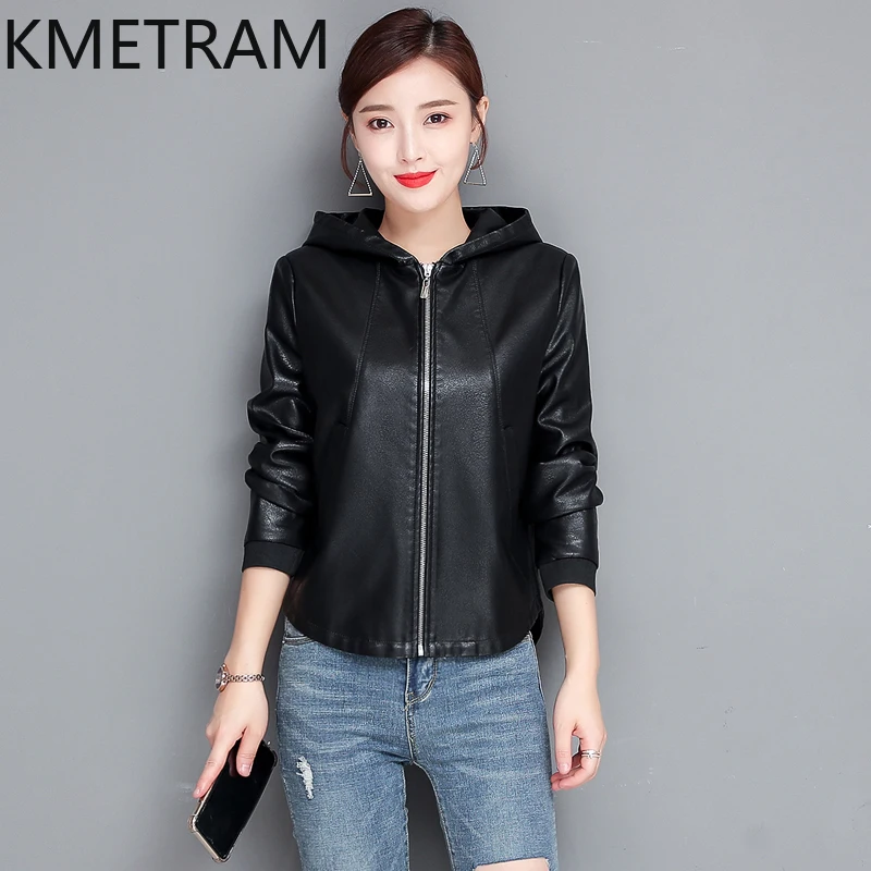 KMETRAM Real Sheepskin Leather Jacket Women Spring Autumn Short Women's Clothing Large Size Hooded Womens Coat 2024 Loose