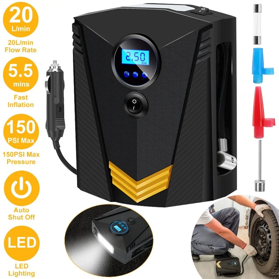 

Tire Inflator 12V DC 100W 150PSI Digital Tire Pump w LCD Display Electric Air Compressor Pump 20L Min Air Flow
