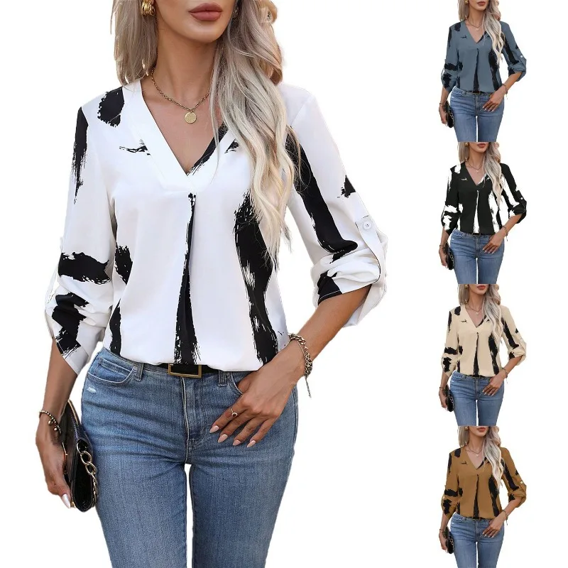 Womens V Neck Abstract Print Roll Up Long Sleeve Casual Loose Blouse Shirt For Office Work Spring Summer