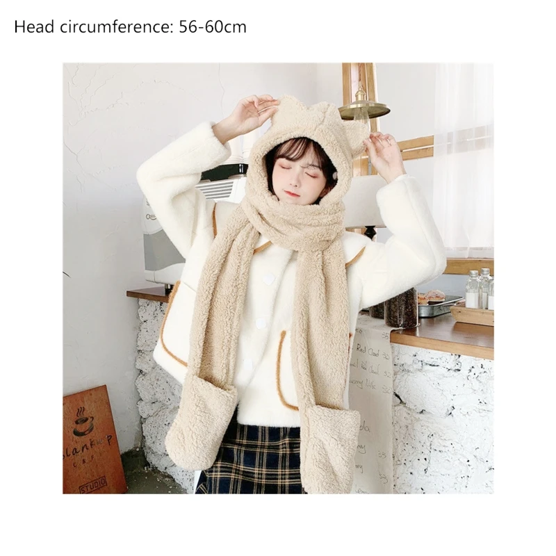 50JB 3 in 1 Hooded Long Scarf Hat with Pockets Gloves for Cat Ears Plush Warm Shawl