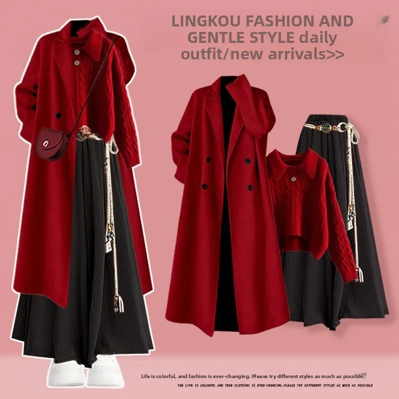

plus Size Autumn Winter Christmas Women's Red Long Coat Slim Knitted Sweater Wide Leg Pants Three Piece Set Fashionable Ensemble